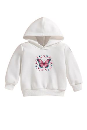Çocuk Beyaz Kapüşonlu Sweatshirt – KELEBEK Baskılı, Şardonlu Kalın Kumaş