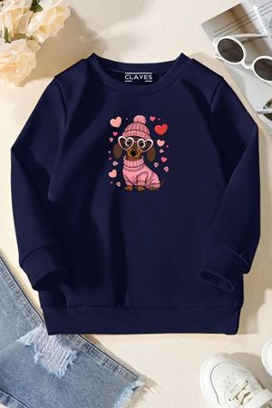 Unisex Lacivert Cocuk Bisiklet Yaka Sweatshirt –Kalpli Köpek,Baskılı Şardonlu Kalın Kumaş