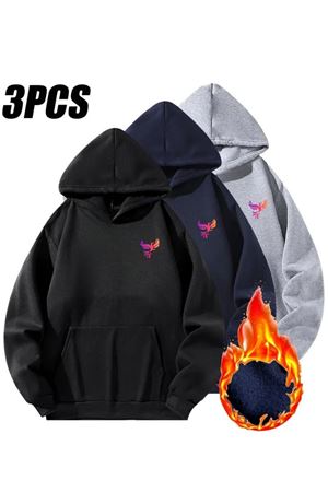 3'Lu Kapüşonlu Minimal Kus Baskılı Sweatshirt Seti-Siyah-Gri-Lacivert, Şardonlu Kalın Kumaş