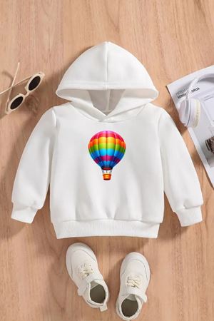 Çocuk Beyaz Kapüşonlu Sweatshirt – UCAN BALON Baskılı, Şardonlu Kalın Kumaş