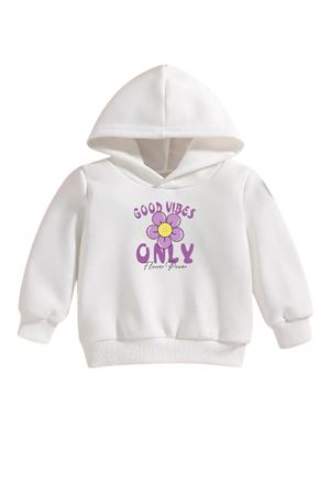 Çocuk Beyaz Kapüşonlu Sweatshirt – GOOD VIBES ONLY Baskılı, Şardonlu Kalın Kumaş