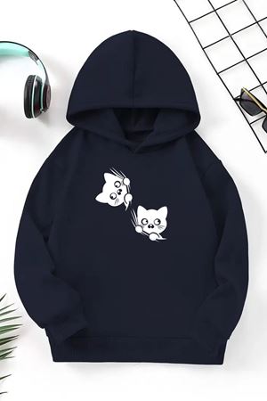 Unisex Lacivert Cocuk Kapüşonlu Sweatshirt –Meraklı Patiler,Baskılı Şardonlu Kalın Kumaş