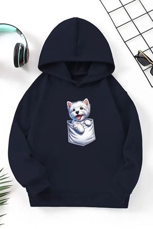 Unisex Lacivert Cocuk Kapüşonlu Sweatshirt –Cep Köpek ,Baskılı Şardonlu Kalın Kumaş