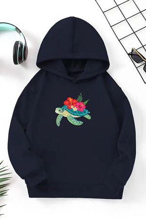 Unisex Lacivert Cocuk Kapüşonlu Sweatshirt –Kaplunbağa ,Baskılı Şardonlu Kalın Kumaş