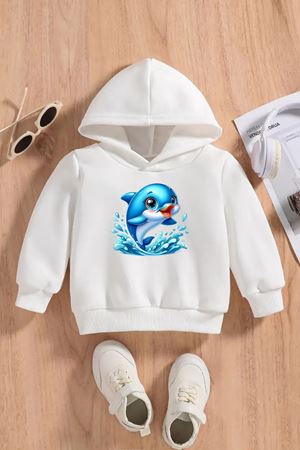 Çocuk Beyaz Kapüşonlu Sweatshirt – YUNUS Baskılı, Şardonlu Kalın Kumaş