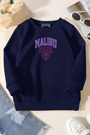 Unisex Lacivert Cocuk Bisiklet Yaka Sweatshirt –Malibu,Baskılı Şardonlu Kalın Kumaş