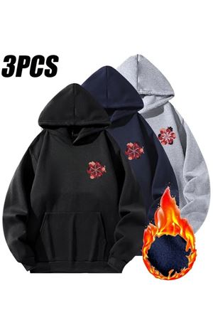 3'Lu Kapüşonlu Minimal Kadın Gücü Baskılı Sweatshirt Seti-Siyah-Gri-Lacivert, Şardonlu Kalın Kumaş