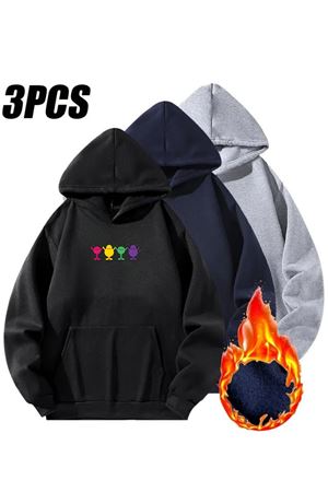 3'Lu Kapüşonlu Minimal Figür Baskılı Sweatshirt Seti-Siyah-Gri-Lacivert, Şardonlu Kalın Kumaş