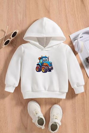 Çocuk Beyaz Kapüşonlu Sweatshirt – TRAKTOR Baskılı, Şardonlu Kalın Kumaş