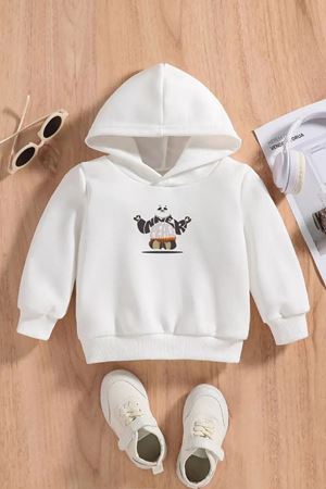 Çocuk Beyaz Kapüşonlu Sweatshirt – WINNER PEACE PANDA Baskılı, Şardonlu Kalın Kumaş