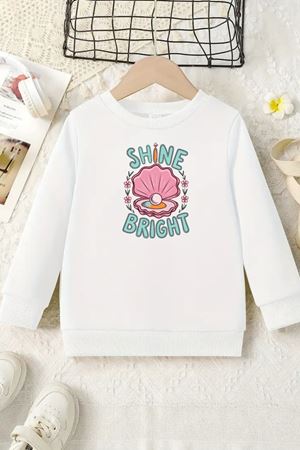 Unisex Beyaz Cocuk Bisiklet Yaka Sweatshirt –Shine Brıght,Baskılı Şardonlu Kalın Kumaş