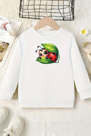 Unisex Beyaz Cocuk Bisiklet Yaka Sweatshirt –Ateş Böceği,Baskılı Şardonlu Kalın Kumaş