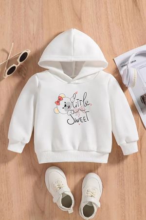 Çocuk Beyaz Kapüşonlu Sweatshirt – LITTLE SWEET Baskılı, Şardonlu Kalın Kumaş