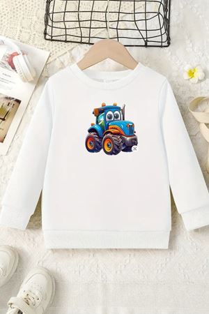 Unisex Beyaz Cocuk Bisiklet Yaka Sweatshirt –Traktör,Baskılı Şardonlu Kalın Kumaş
