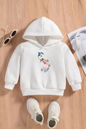 Çocuk Beyaz Kapüşonlu Sweatshirt – DOLPHIN DREAMS Baskılı, Şardonlu Kalın Kumaş