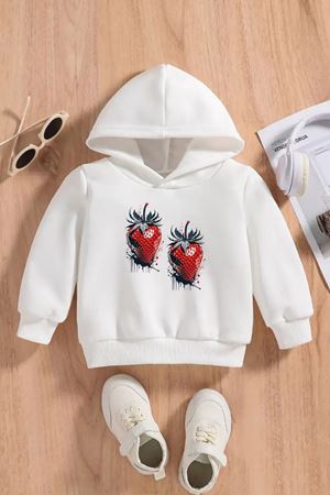 Çocuk Beyaz Kapüşonlu Sweatshirt – 2LI CILEK Baskılı, Şardonlu Kalın Kumaş