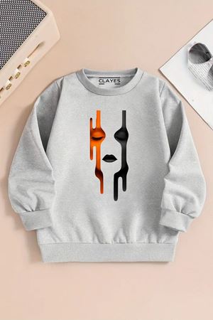 Çocuk Gri Bisiklet Yaka Sweatshirt – YÜZ Baskılı, Şardonlu Kalın Kumaş