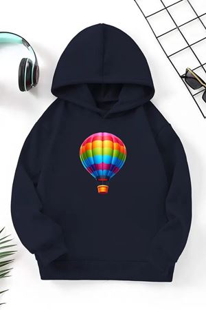 Unisex Lacivert Cocuk Kapüşonlu Sweatshirt –Uçan Balon,Baskılı Şardonlu Kalın Kumaş