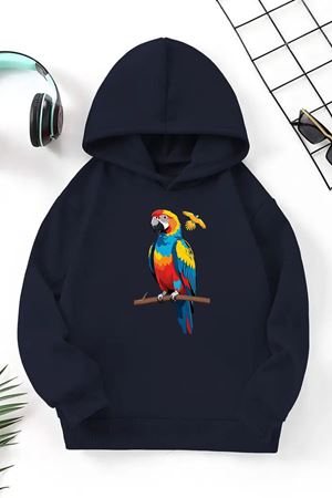 Unisex Lacivert Cocuk Kapüşonlu Sweatshirt –Papağan,Baskılı Şardonlu Kalın Kumaş