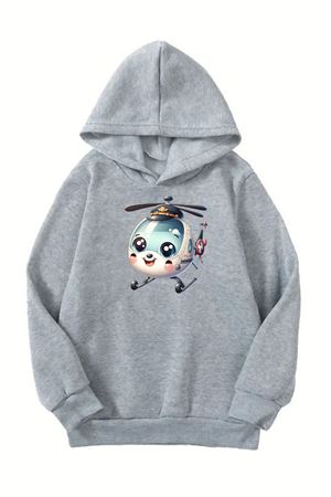Unisex Gri Cocuk Kapüşonlu Sweatshirt –Helikopter Baskılı, Şardonlu Kalın Kumaş