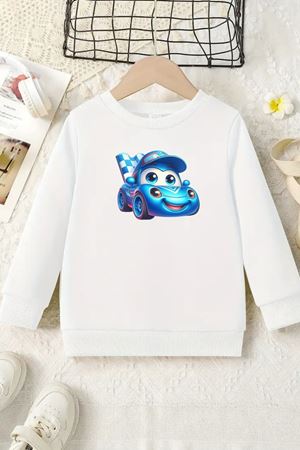 Unisex Beyaz Cocuk Bisiklet Yaka Sweatshirt –Yarış Arabası Baskılı, Şardonlu Kalın Kumaş