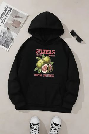 Unisex Siyah Kapüşonlu Sweatshirt – Guavas Tropikal Baskılı, Şardonlu Kalın Kumaş