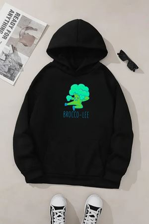 Unisex Siyah Kapüşonlu Sweatshirt – Broco Lee Baskılı, Şardonlu Kalın Kumaş