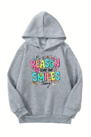 Unisex Gri Cocuk Kapüşonlu Sweatshirt –Reason Smile Baskılı, Şardonlu Kalın Kumaş