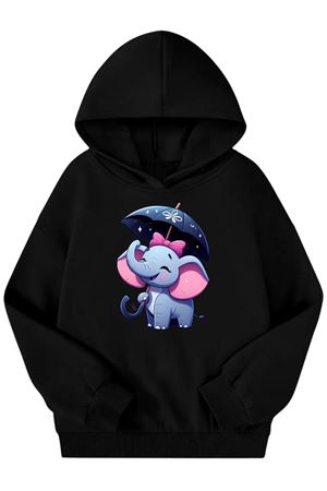 Unisex Siyah Cocuk Kapüşonlu Sweatshirt –FIL Baskılı, Şardonlu Kalın Kumaş