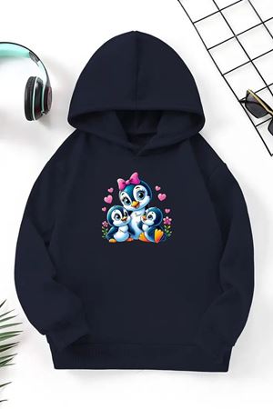 Unisex Lacivert Cocuk Kapüşonlu Sweatshirt –Penguen ,Baskılı Şardonlu Kalın Kumaş