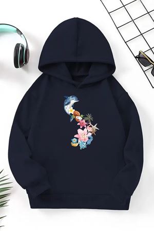 Unisex Lacivert Cocuk Kapüşonlu Sweatshirt –Dolphin Dreams,Baskılı Şardonlu Kalın Kumaş
