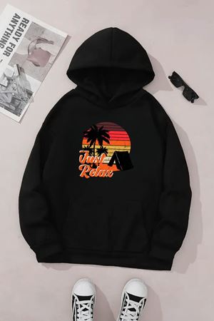 Unisex Siyah Kapüşonlu Sweatshirt – Just Relax Baskılı, Şardonlu Kalın Kumaş
