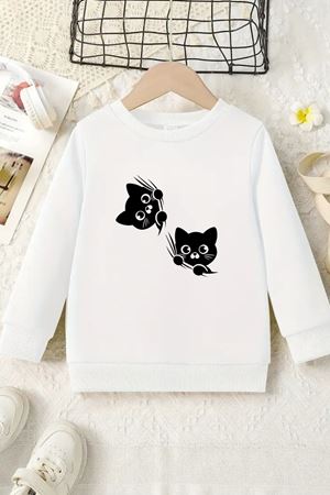 Unisex Beyaz Cocuk Bisiklet Yaka Sweatshirt –İkili Siyah Kedicikler, Şardonlu Kalın Kumaş