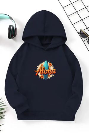 Unisex Lacivert Cocuk Kapüşonlu Sweatshirt –Aloha,Baskılı Şardonlu Kalın Kumaş