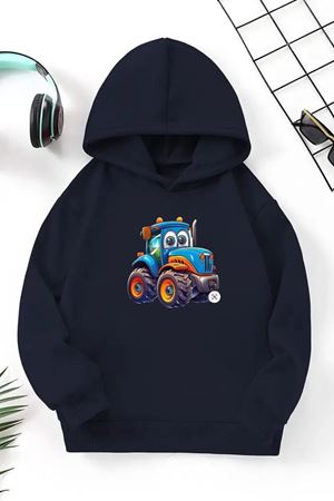Unisex Lacivert Cocuk Kapüşonlu Sweatshirt –Traktör ,Baskılı Şardonlu Kalın Kumaş