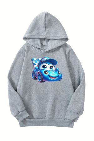 Unisex Gri Cocuk Kapüşonlu Sweatshirt –Yarıs Arabası Baskılı, Şardonlu Kalın Kumaş