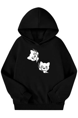 Unisex Siyah Cocuk Kapüşonlu Sweatshirt –Kedi Baskılı, Şardonlu Kalın Kumaş