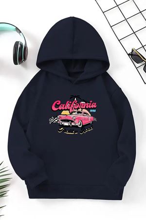 Unisex Lacivert Cocuk Kapüşonlu Sweatshirt –Malibu Read ,Baskılı Şardonlu Kalın Kumaş