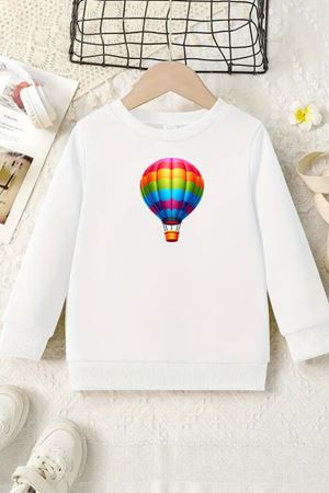 Unisex Beyaz Cocuk Bisiklet Yaka Sweatshirt –Uçan Balon, Şardonlu Kalın Kumaş