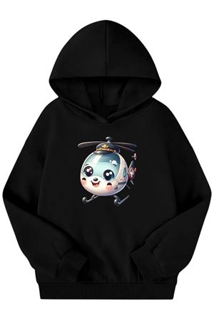 Unisex Siyah Cocuk Kapüşonlu Sweatshirt –Helikopter Baskılı, Şardonlu Kalın Kumaş