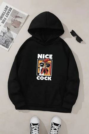 Unisex Siyah Kapüşonlu Sweatshirt – Nice Cook Baskılı, Şardonlu Kalın Kumaş