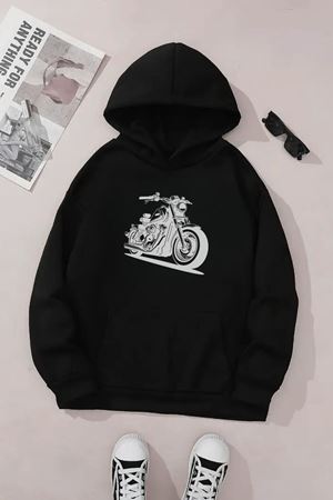 Unisex Siyah Kapüşonlu Sweatshirt – Motor Baskılı, Şardonlu Kalın Kumaş