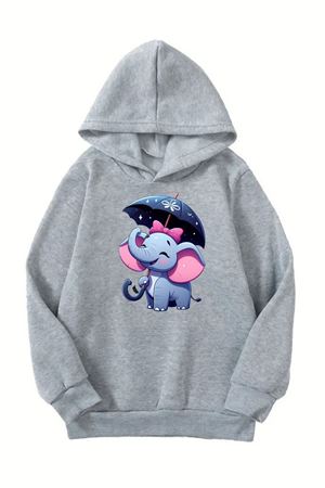 Unisex Gri Cocuk Kapüşonlu Sweatshirt –FİL Baskılı, Şardonlu Kalın Kumaş