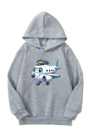Unisex Gri Cocuk Kapüşonlu Sweatshirt –Uçak Baskılı, Şardonlu Kalın Kumaş