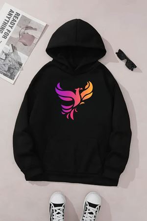 Unisex Siyah Kapüşonlu Sweatshirt – Anka Kuşu Baskılı, Şardonlu Kalın Kumaş