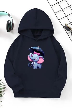 Unisex Lacivert Cocuk Kapüşonlu Sweatshirt –Fil,Baskılı Şardonlu Kalın Kumaş
