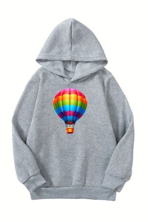 Unisex Gri Cocuk Kapüşonlu Sweatshirt –Ucan Balon Baskılı, Şardonlu Kalın Kumaş