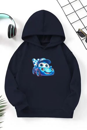 Unisex Lacivert Cocuk Kapüşonlu Sweatshirt –Yarış Arabası ,Baskılı Şardonlu Kalın Kumaş