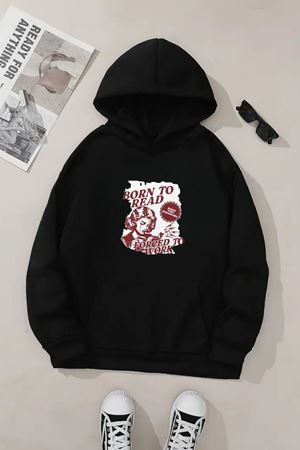 Unisex Siyah Kapüşonlu Sweatshirt – Born The Read Baskılı, Şardonlu Kalın Kumaş