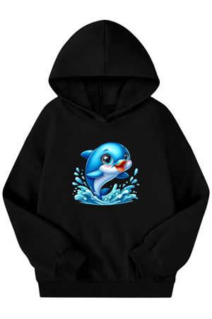 Unisex Siyah Cocuk Kapüşonlu Sweatshirt –Yunus Balıgı Baskılı, Şardonlu Kalın Kumaş
